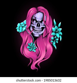 Beautiful Skull Skeleton Head Pink Hair Vector Illustration