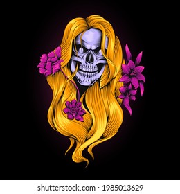 Beautiful Skull Skeleton Head Yellow Hair Vector Illustration