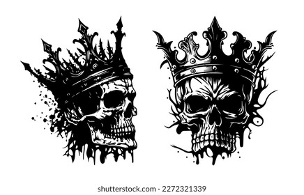 Beautiful skulls with a crown. Ink on old card vintage background. Tattoo vintage design element. Vector illustration.