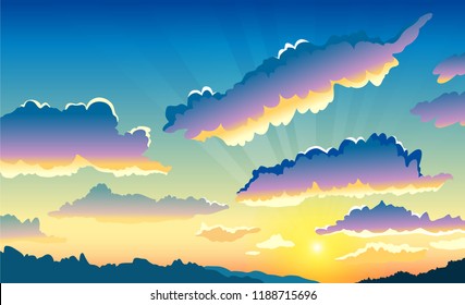 Beautiful sky background from clouds. Landscape in vector. Sunset.