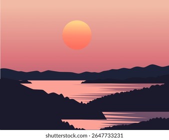 Beautiful sky background vector illustration. Beautiful sunrise or sunset in ocean. Gradient summer sea background. Sunset Sunrise sky with light clouds and sun. Modern style, Trendy vector