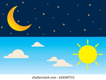 Beautiful sky background. Vector illustration of day and night series time concept with sun, crescent moon, clouds and many stars. EPS10