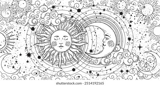 Livro de coloração do céu bonito para adultos com sol e lua, desenho de linha, faixa de vetor horóscopo, impressão para decoração vintage. Ilustração moderna sobre fundo branco.