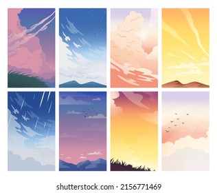 Beautiful sky set. Sunrise or sunset with pink clouds and sunshine, heavenly cloud panorama. Landscape in different time of the day with cumulus. Flat vector illustration