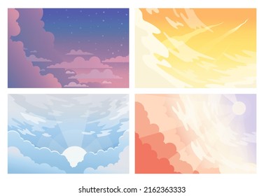 Beautiful sky set. Sunrise or sunset with pink clouds and sunshine, heavenly cloud panorama. Landscape in different time of the day with cumulus. Flat vector illustration