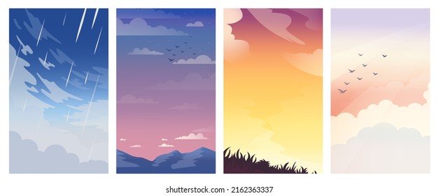 Beautiful sky set. Sunrise or sunset with pink clouds and sunshine, heavenly cloud panorama. Landscape in different time of the day with cumulus. Flat vector illustration