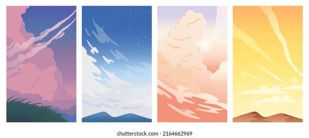 Beautiful sky set. Sunrise or sunset with pink clouds and sunshine, heavenly cloud panorama. Landscape in different time of the day with cumulus. Flat vector illustration