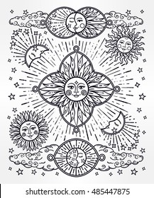 Beautiful sky. Sun, moon and stars vintage style vector illustration.