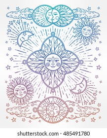 Beautiful sky. Sun, moon and stars vintage style vector illustration.