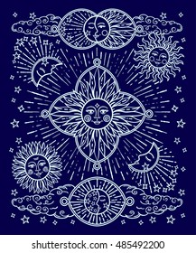 Beautiful sky. Sun, moon and stars vintage style vector illustration.