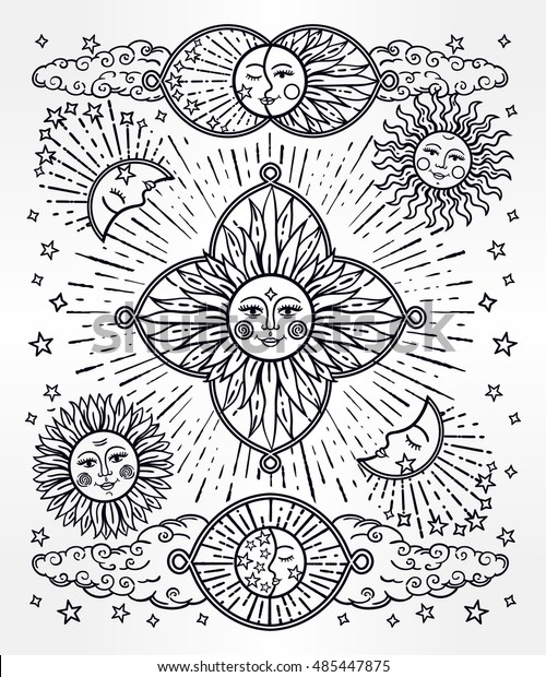 Beautiful Sky Sun Moon Stars Vintage Stock Vector (Royalty Free ...