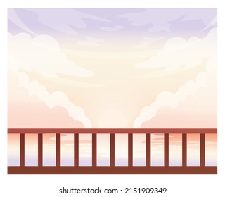 Beautiful sky. Sunrise or sunset with pink clouds and sunshine, heavenly cloud panorama. Landscape in different time of the day with cumulus. Flat vector illustration