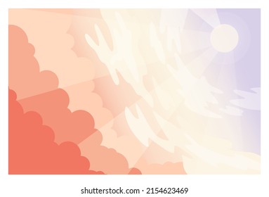 Beautiful sky. Sunrise or sunset with pink clouds and sunshine, heavenly cloud panorama. Landscape in different time of the day with cumulus. Flat vector illustration