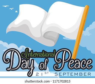 Beautiful sky view with flying doves and waving white flag to celebrate International Day of Peace in September 21.