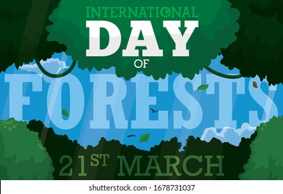 Beautiful sky view of lush forest with trees, vines and clouds, promoting celebration of International Day of Forests this 21st March.