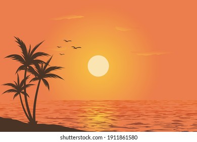 beautiful sky view of sunset on beach with palm tree silhouette on gradient color background vector illustration