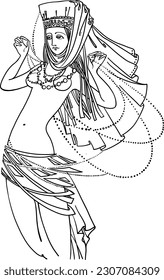 A beautiful Slavic fairy in a national headdress and a magnificent necklace throws on an invisible scarf embroidered with beads. Hand drawn vector illustration for design, t-shirts, fabric, cosmetolog