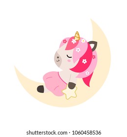 A beautiful sleeping baby unicorn lies on the moon and holds the star. Vector illustration isolated on white background.