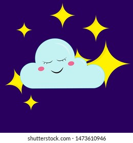 A beautiful sleeping cloud with stars around, vector, color drawing or illustration.