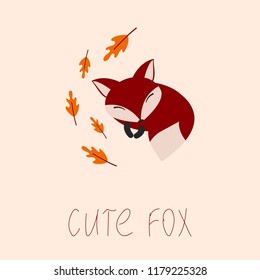 Beautiful sleeping fox laying near oak leaves isolated on a beige background with "CUTE FOX" phrase.