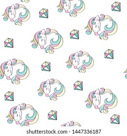 Beautiful sleeping unicorn with diamond on a white background seamless pattern