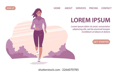 A beautiful slender african american girl is running. Outdoor park. Sports training run. Active and healthy lifestyle. Design for poster, banner, website. Cartoon vector illustration