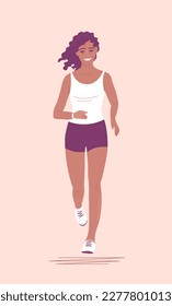 A beautiful slender african american girl is running. Sports training run. Active and healthy lifestyle. Cartoon vector illustration