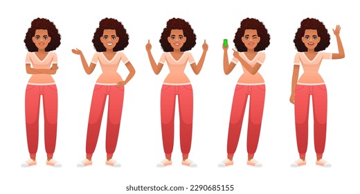 A beautiful slender African girl stands with her arms crossed, points to something, waves her hand, with a smartphone in her hand. Lady in full growth character set. A young black woman