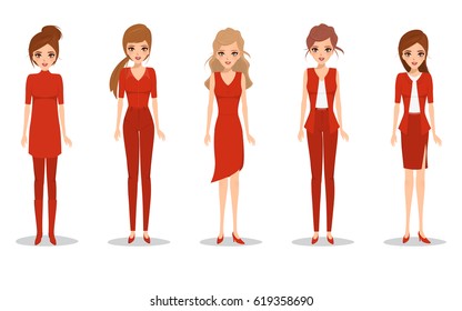 Beautiful slender fashion woman in red dress. Chinese woman and asian woman character. illustration vector design.