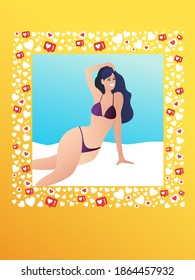 A beautiful slender girl with blue hair lies on the beach in a swimsuit. The woman in the picture, a frame made of a heart symbol, a pattern of the heart icon.