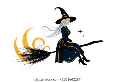 A beautiful slender girl in the form of a witch flies on a broom. Isolated design on white background. A separate design element for posters and banners for Halloween