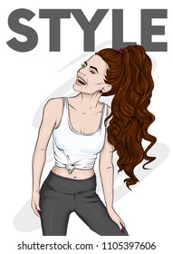 A beautiful, slender girl with long hair, dressed in a sporting volume and losins. Clothes and accessories. Fashion and style, vector illustration.