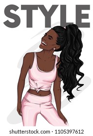 A beautiful, slender girl with long hair, dressed in a sporting volume and losins. Clothes and accessories. Fashion and style, vector illustration.