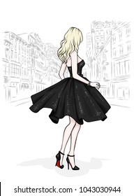 A beautiful slender girl with long legs in fashionable clothes. A model in a skirt, top and high-heeled shoes. Vector illustration. Clothing, accessories, fashion and style.
