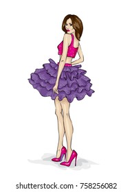 A beautiful slender girl with long legs in fashionable clothes. A model in a skirt, top and high-heeled shoes. Vector illustration. Clothing, accessories, fashion and style.
