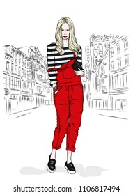 Beautiful slender girl in overalls and with a bag. Vector illustration. Long hair. Fashion and style, stylish look.
