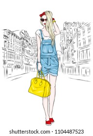 Beautiful slender girl in overalls shorts, glasses and with a bag. Vector illustration. Long hair. Fashion and style, stylish look.