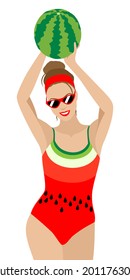 A beautiful slender girl in a red bodysuit swimsuit and glasses holds a green watermelon over her head. Isolated vector illustration on white background