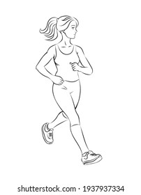 A beautiful slender girl is running. Sports training. Vector outline illustration. Isolated on white background