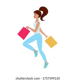 A beautiful slender girl runs to the store with shopping bags for discounts. Promotion, best offers. Advertising illustration for a clothing, cosmetics, and footwear store. Vector flat illustrations