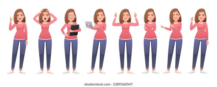A beautiful slender white girl stands in different poses. A young woman is standing with a book in her hand, pointing at something, displeased with her arms crossed, with a laptop in her hand. Lady