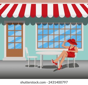 hermosa mujer delgada en un vestido rojo y sombrero se sienta en una silla en un café de verano
