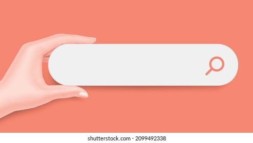 beautiful slender woman's hand Holding a search bar or search icon on pastel pink for Internet advertising media design or about online shopping
