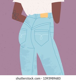 Beautiful slim black lady dressed in denim pants. Blue jeans. High waist. Hand drawn vector colored trendy fashion illustration. Stamp texture. Back view