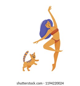 Beautiful slim Caucasian woman in bikini dancing ballet with her cat, flat vector illustration isolated on white background. Young pretty happy woman, girl dancing in bikini, body positive concept