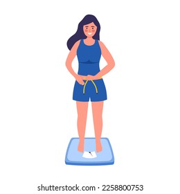 Beautiful slim girl with measuring tape on weight scale in flat design on white background.