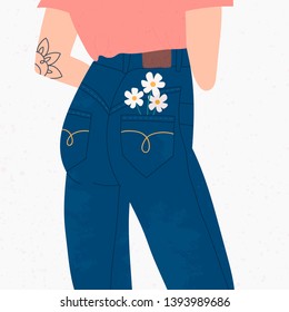 Beautiful slim lady dressed in denim pants. Blue jeans. High waist. Hand drawn vector colored trendy fashion illustration. Stamp texture. Back view