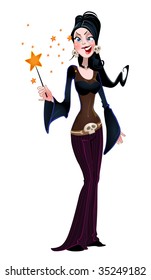 Beautiful slim Witch casts a spell magic wand