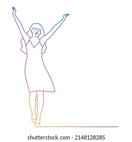 Beautiful slim woman in dress walks forward  holding arms up  Rainbow gradient  Sketch vector illustration 