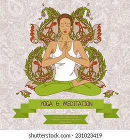 beautiful slim woman sitting in lotus asana, yoga and meditation poster with paisley ornament, vector illustration